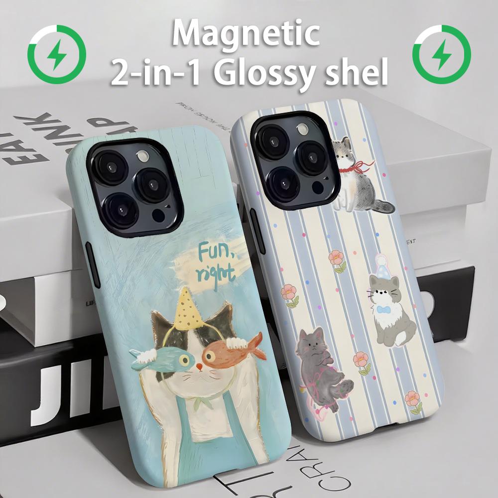 Phone Cases For Iphone 15 - 귀여운 고양이와 강아지 마그네틱 2-in-1 광택